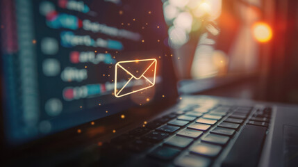 Digital communication concept with email icon and glowing code on laptop