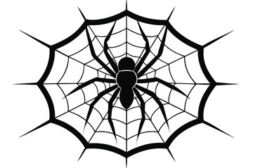 Black Spider on Web Silhouette Illustration for Halloween or Horror Theme