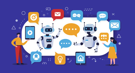 Illustration showcasing chatbot technology, virtual assistants and artificial intelligence