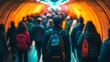 © Olsek - A captivating scene in a bustling tunnel filled with people. The vibrant lighting creates an energetic atmosphere. A moment of movement and life captured in urban spaces. Generative AI