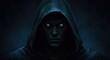© NN AI - Hooded figure with glowing blue eyes in dark atmospheric scene. Mysterious cloaked character with supernatural gaze. Horror thriller and fantasy. Halloween gaming streaming entertainment services
