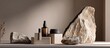 © wang - Stone podiums on a neutral beige gray studio background with two rock forms for showcasing cosmetic products creating an abstract minimalist scene with a trendy vibe and copy space image