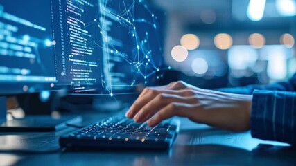 Programmer typing on computer keyboard, coding software with futuristic digital data network and holographic connections.