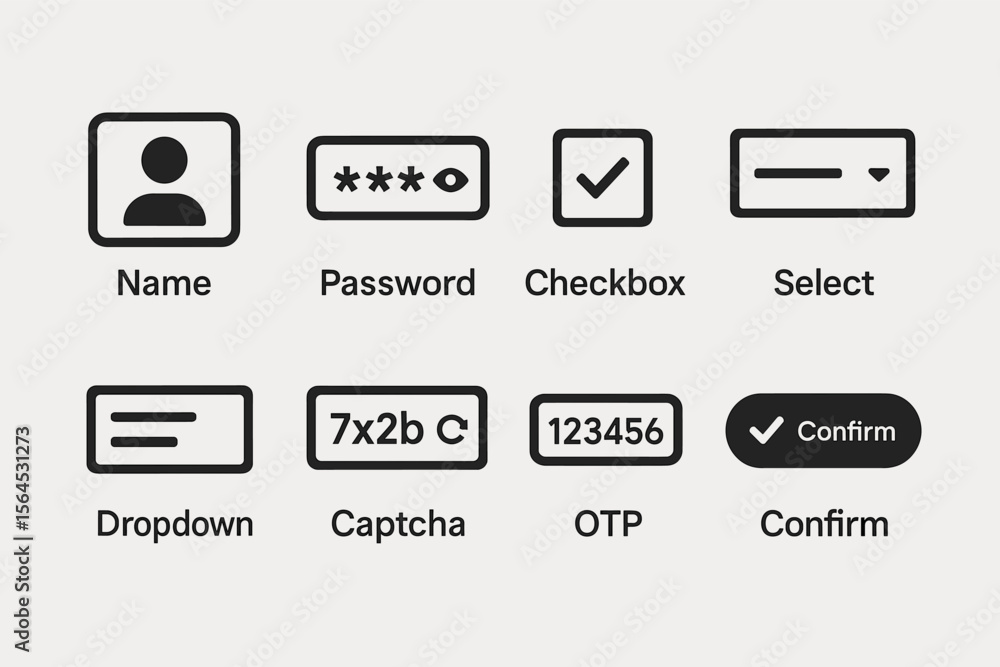 User interface icons: name, password, checkbox, select, dropdown ...