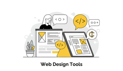 Female web designer using web design tools in a modern workspace. Woman in casual attire analyzing website layout and responsive design templates on computer and tablet.
