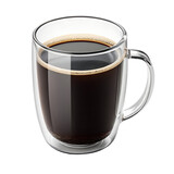 a clear double walled glass mug filled with black coffee isolated on transparent background
