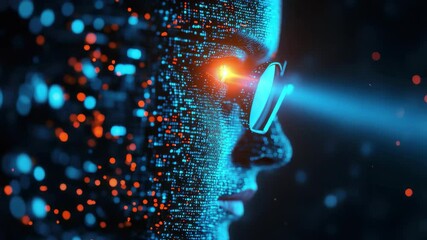 A profile view of a futuristic face composed of glowing digital particles and binary code, wearing glasses