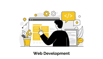 Young man in casual wear explaining web development concepts at a desk in a modern office. Male web developer showcasing website interface elements.