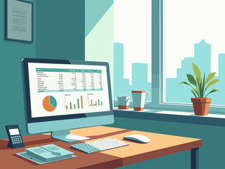 a modern home office setup witha computer monitor displaying financial spreadsheets, Coastal Calm Empower Teal accents, calculator, invoices