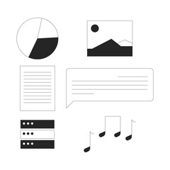 Wall Mural - multimedia and data elements 2d line objects set. pie chart, photo icon, document, speech bubble, mu