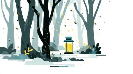 Forest scene with lantern and fireflies