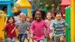 © Sergey - A Joyful Group of Children Playing Together and Running in a Colorful Outdoor Playground Filled with Laughter and Fun Activities