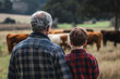 © Tetiana - Parent and Child Watching Grazing Cows on a Peaceful Farm, a Heartwarming Rural Scene of Family and Nature, Generative AI