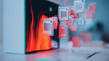 Wall Mural - server data processing: visualizing server data processing with digital file floating. symbolizing t