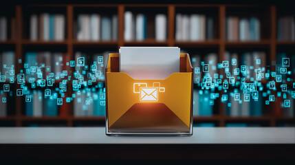 Wall Mural - digital folder with glowing icons: the digital folder with a glow on table, symbols for online commu