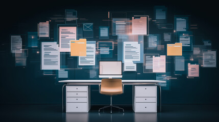 Wall Mural - digital workspace: a modern workstation surrounded by digital documents, showcasing the evolving lan