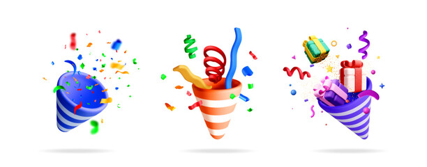 Set of 3D party poppers with exploding confetti, colorful ribbons, gift boxes, and festive elements for celebration design.