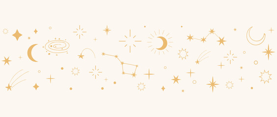 Wall Mural - Mystical celestial border divider with stars, moons, and sparkles. Elegant golden ornament set for tarot, magic, and spiritual designs.