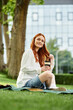© Bliss - Joyful moments enjoyed by a young woman relaxing outdoors with coffee in a vibrant urban park