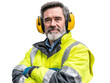 © PS Poppy - Experienced Worker in Safety Gear: A portrait of a mature man, showcasing his experience and commitment to workplace safety, wearing a bright yellow high-visibility jacket and protective earmuffs.