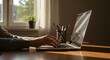 © photo ono - Typing on laptop closeup, chatting in Facebook, meeting website. Blogger, journalist writing new article.