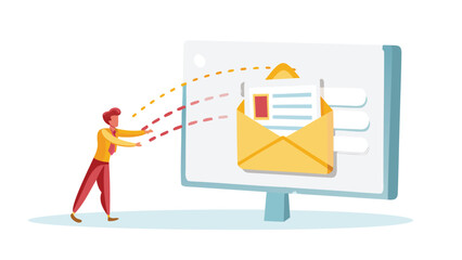 Illustration of a person sending an email via a computer screen with an envelope graphic shown