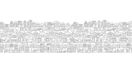 Cityscape of Houses and Buildings in Line Art