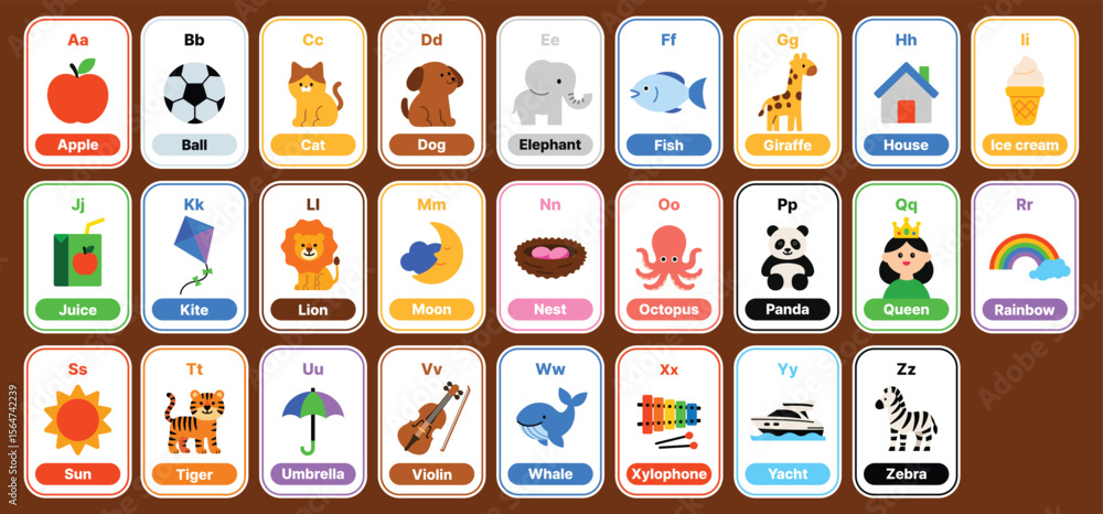 Colorful alphabet flashcards from A to Z with cute illustrations ...