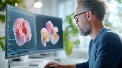 Focused programmer analyzing complex digital designs on dual monitors in modern office