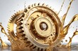 © jejakaryastudio - Two gold gears interlocked, splashed with viscous, amber-colored liquid, creating dynamic movement against a neutral background