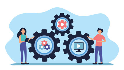 People interacting with gears and a computer screen in a collaborative setting illustration