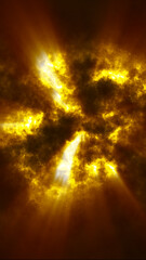 Wall Mural - intense yellow and orange energy clouds erupt with radiant beams of light cutting through the dark