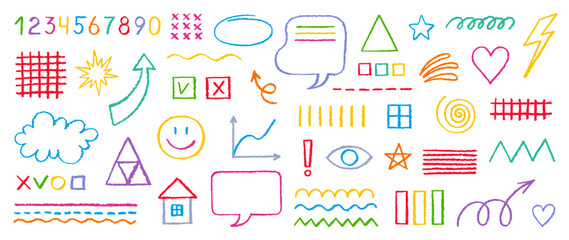  Pencil line kid icons. Crayon hand drawn arrow heart cloud house star frame shape. Kid brush, chalk or pencil vector color element. Doodle sketch texture line and shape. Cute child pastel scribble bg
