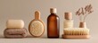 © jia - Various self care items for hygiene displayed with cosmetic bottles against a neutral background for adding text like a natural soap and circular massaging brush within the copy space image