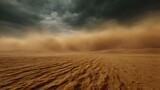 Massive sandstorm sweeping across vast desert dune under turbulent sky high wind erosion pattern dry cracked earth powerful nature force desert survival environment low angle ground view custom