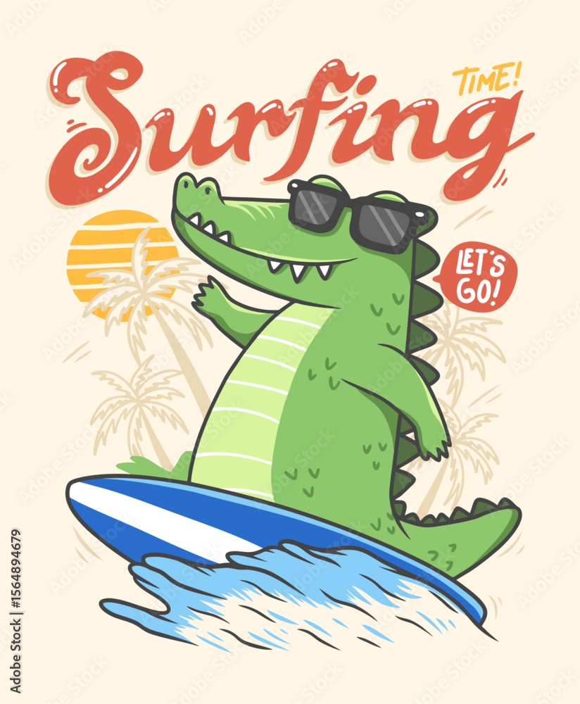 Cool crocodile surfing hand drawn illustration , ready for print on t ...