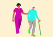 © Connect Images - A smiling caregiver in scrubs supports an elderly person walking with a cane, showcasing compassionate assistance and elder care.