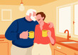 © Connect Images - Illustration of an affectionate senior couple laughing together while enjoying coffee in their kitchen at home. Happy retirement lifestyle.