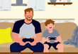 © Connect Images - An animated father and son happily playing video games on a living room couch. Illustration