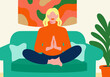 © Connect Images - Woman meditating on teal sofa with colorful abstract wall art and green plant nearby. Illustration