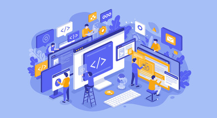 Isometric illustration of website development process by software developers and programmers