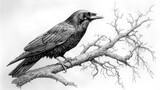 Detailed illustration of a raven perched on a branch.