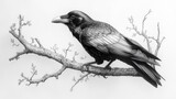 Detailed pencil drawing of a raven perched on a branch.
