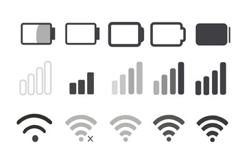 Battery, WiFi, and mobile network icons in a clean, minimal style. Ideal for apps, UI/UX, and digital interfaces. Battery icon set, wifi icons set. Network icon. Battery, WiFi, network, icons, symbol