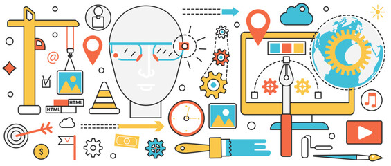 Web application building technology. Abstract process of app development, creative UI optimization of code and content, software and SEO service in infographic concept banner, thin line art design