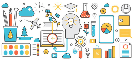 Naklejka na meble Creative business approach technology. Support in business startup, testing products marketing process and seo research service, organization in infographic concept banner, thin line art design