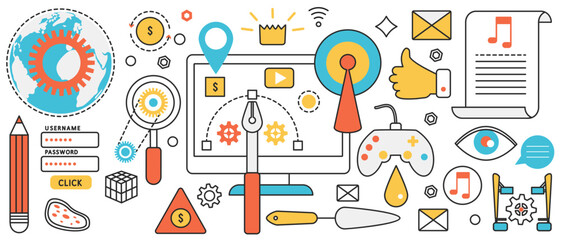 Game development for computer, mobile phone. Abstract modern digital application, video gaming and data signs, joystick and developers tools in infographic concept banner, thin line art design