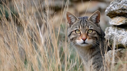 Wall Mural - european wildcat hiding in the grass near a stone wall