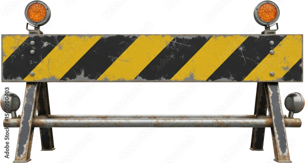 Grungy yellow and black striped safety barrier with two prominent ...