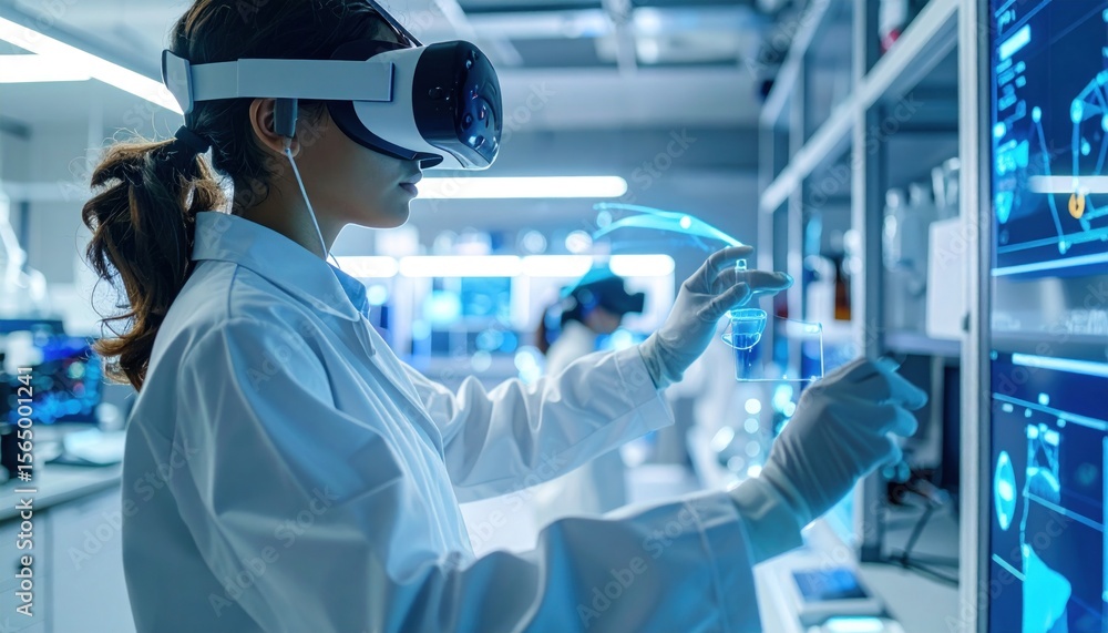 Vr Science Simulation Scientist in VR headset interacts with floating digital displays in ...